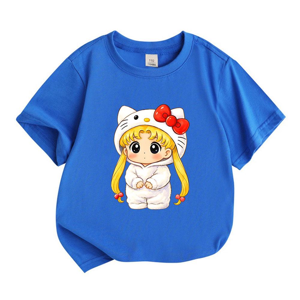 Kids Boys Girls 100% Cotton Crew Neck Short Sleeve T-Shirt, Cute Cartoon Blonde Character In Hello Kitty Costume Print Casual Soft Breathable Tee Top