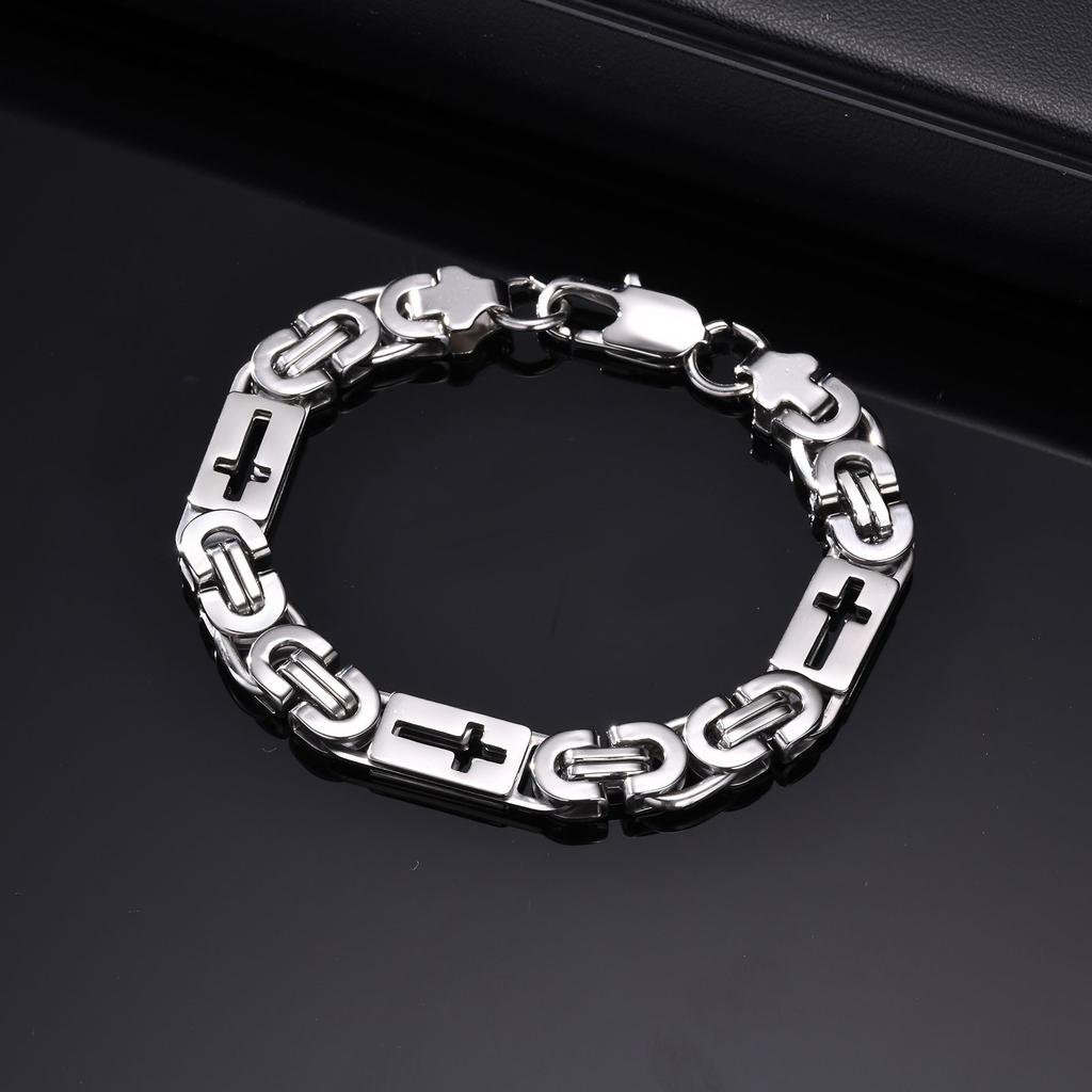 Vnox Byzantine Chain Bracelet for Men Dad, Stainless Steel Hollow Cross 8mm Width Lobster Clasp Wristband Religious Jewelry Gift