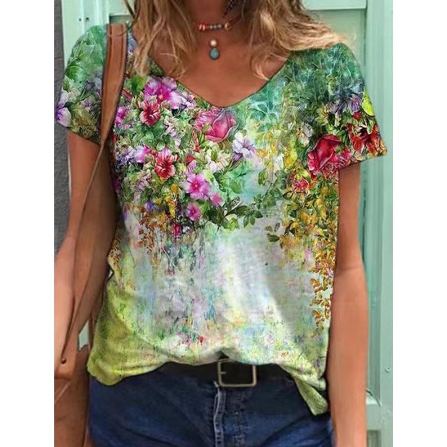 3d Floral Print T Shirts Abstract Character V-neck Pullover Short Sleeve T-shirt for Women's Top