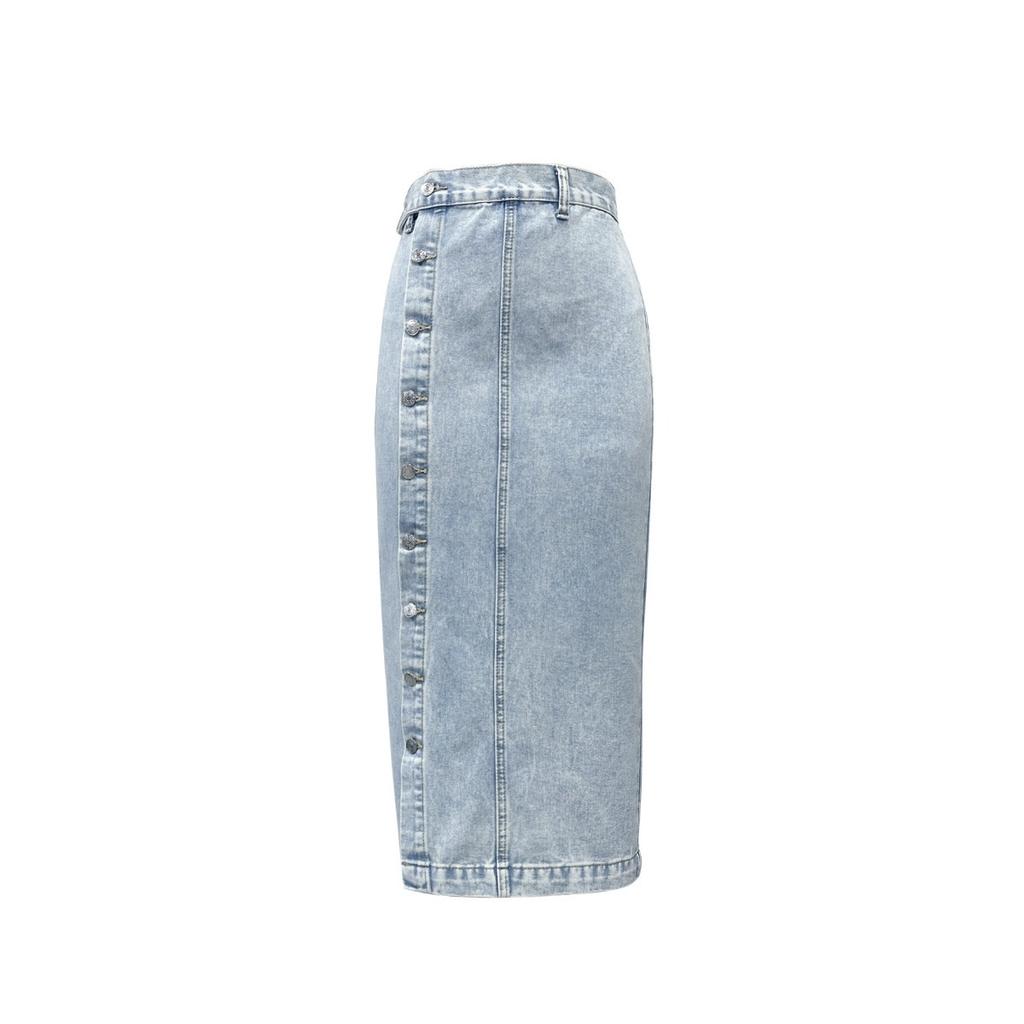 Damen High Waist Midi Rock Gerader Schnitt Seitlicher Knopfschlitz Eleganter Britischer Stil Jeansrock