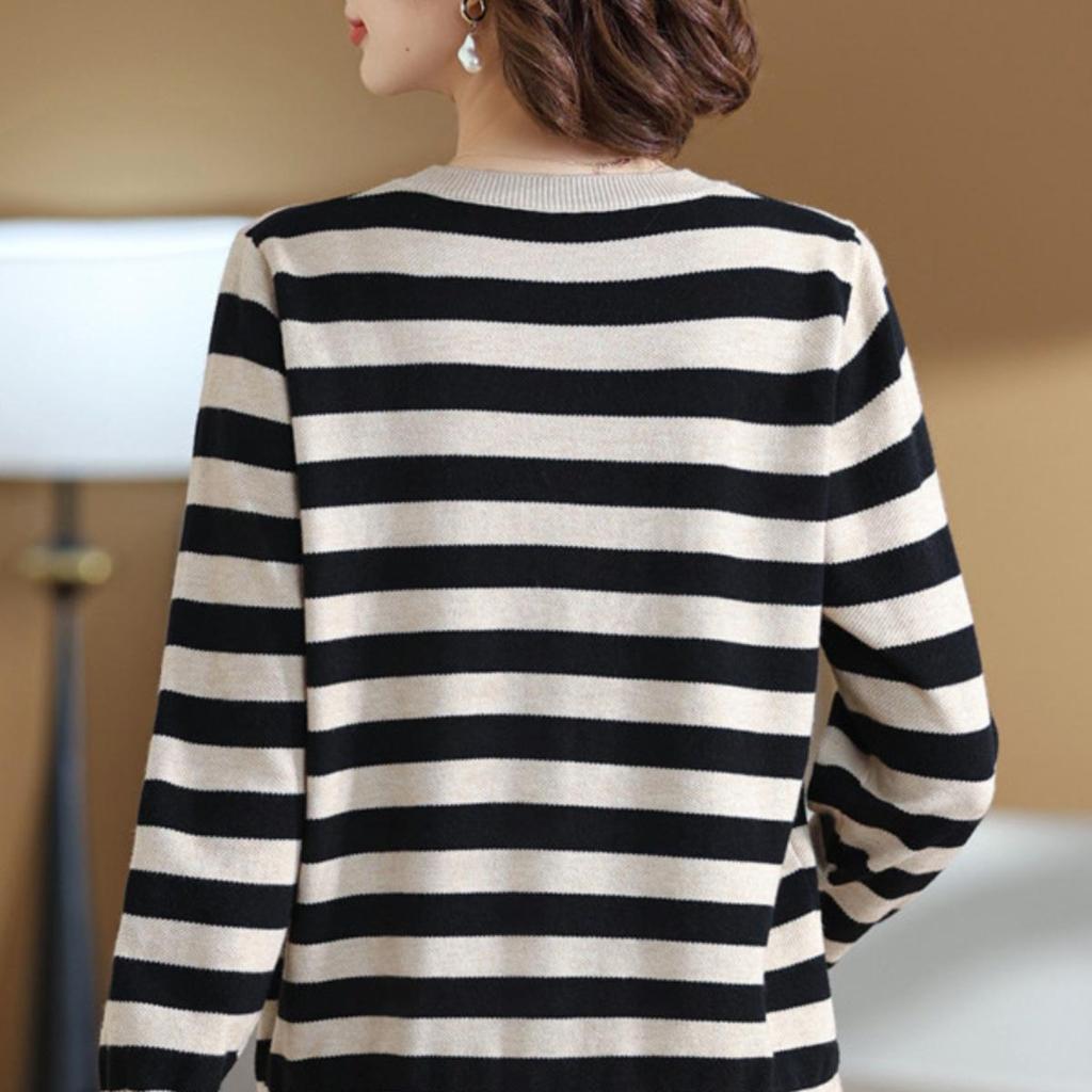 Mom's 2025 Autumn Striped Long-Sleeve Knit Sweater for Middle-Aged & Elderly Women