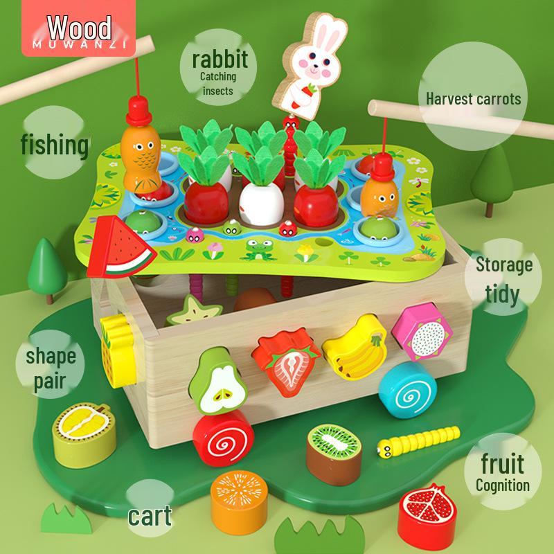 Kids' Wooden Geometric Shape Puzzle & Educational Toy Car with Orchard Picking, Carrot Pulling, and Fishing Game