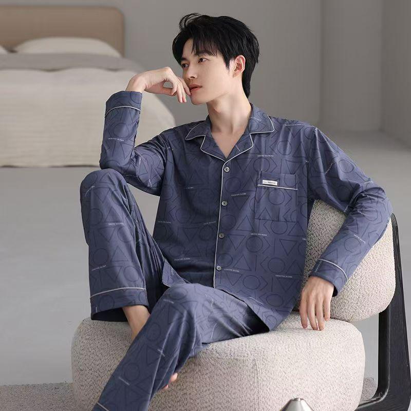 Men's Casual Cotton Pajama Set - Long Sleeve & Pants for Spring/Autumn