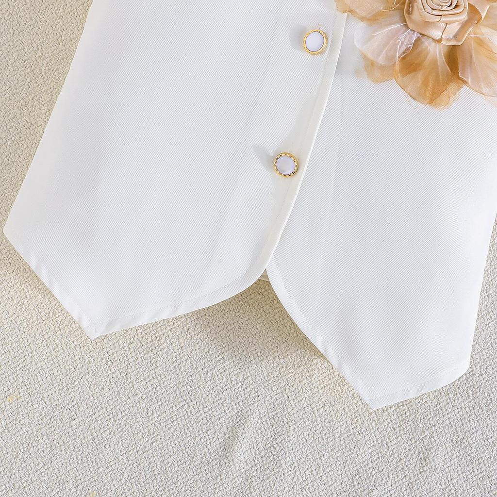 2PCS Girls Floral Applique Sleeveless Vest & Pleated Skirt Set, Casual Summer Two-Piece Outfit