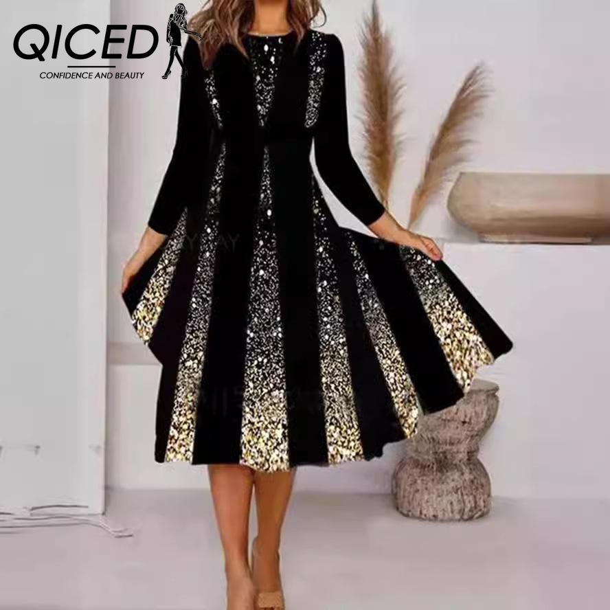 

QICED Весна Осень Женское Позиционное Платье с Принтом О-Образным Вырезом и Рукавами Средней Длины S