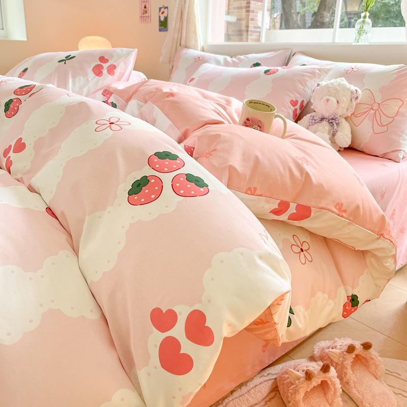 Set din patru piese prințesă drăguț din bumbac, husă de pilota din bumbac pur, husă de pilota de lenjerie de pat, set din trei piese pentru dormitor