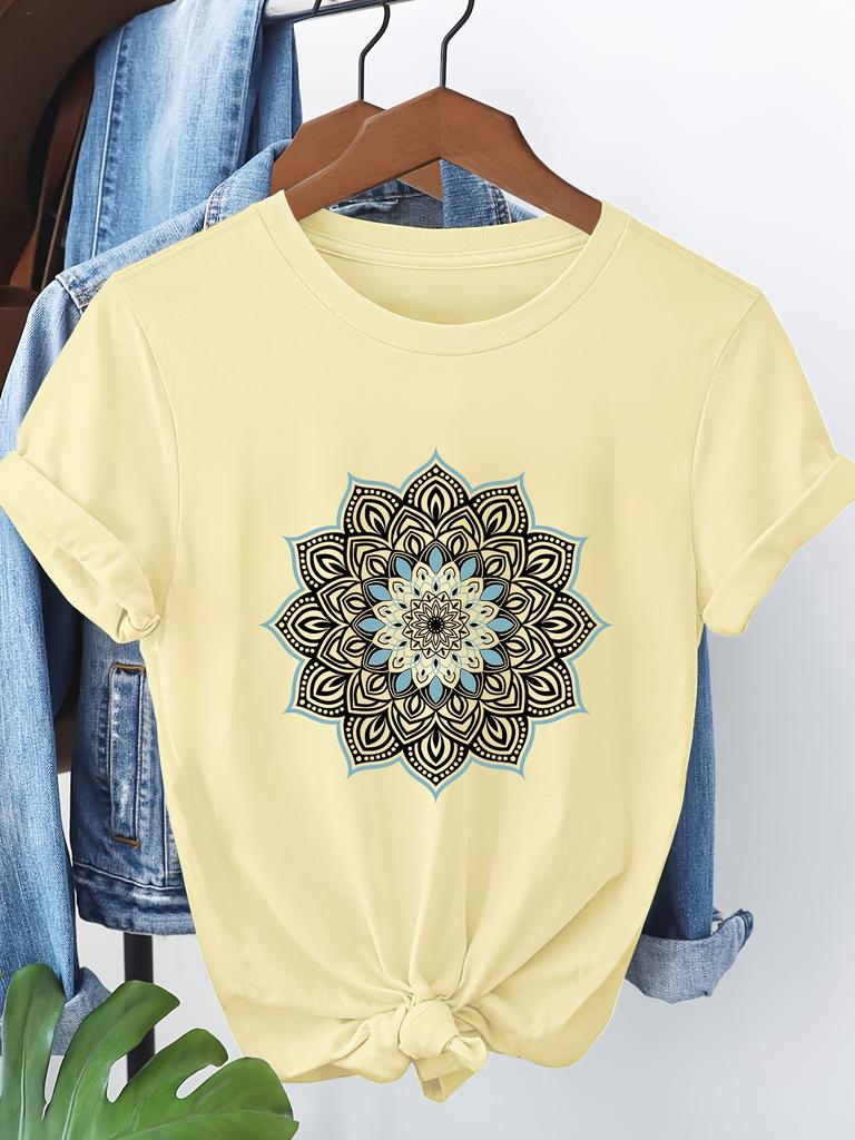 AWomen's Floral Mandala Print Short Sleeve T-Shirt Casual Round Neck Top with Teal  Black Artwork Urban Style Printed T-Shirt