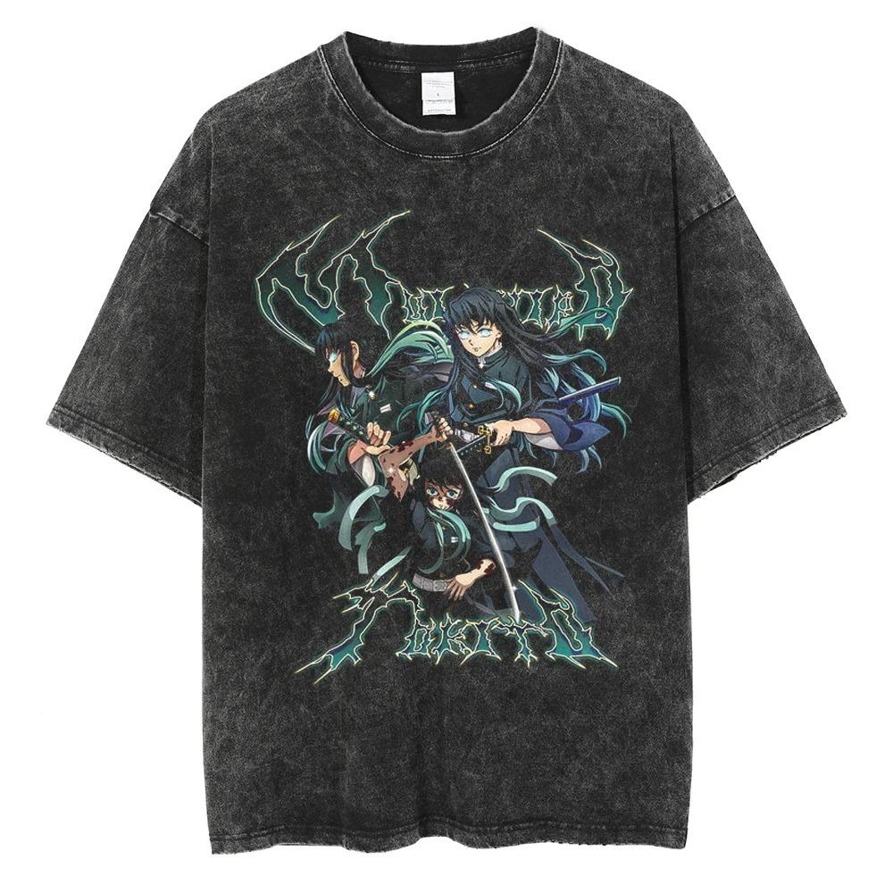Demon Slayer Kamado Tanjiro Hinokami Kagura Vintage Gewassen Grafisch T-shirt, Unisex Oversized Streetwear, Anime Fan Cadeau