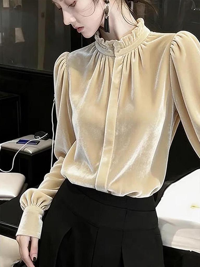 Women's French Velvet Shirt with Wood Ear Collar - Light Luxury, Casual, Loose, Slimming, Versatile Top for Autumn/Winter