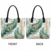  Bohemian Peacock Feather Print Tote Bag Large Capacity Casual Canvas Shoulder Bag for Daily Use