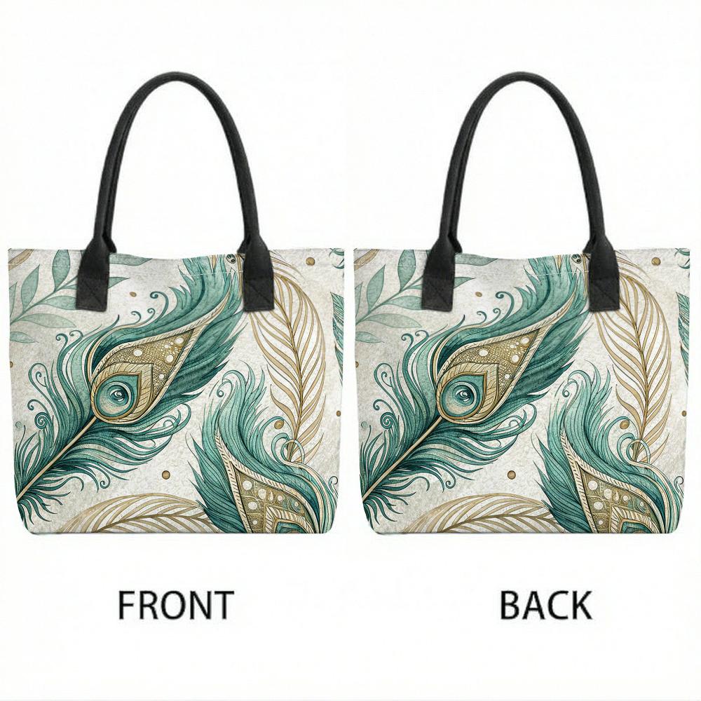 Bohemian Peacock Feather Print Tote Bag Large Capacity Casual Canvas Shoulder Bag for Daily Use