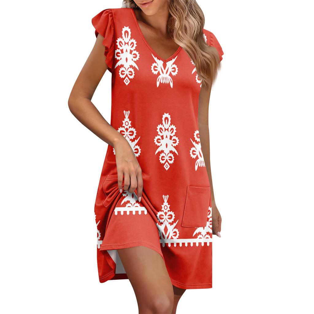 Womens Summer Dress Ruffle Sleeve V Neck Short Dresses Fashion Casual Flowy A Line Swing Sundress With Pocket
