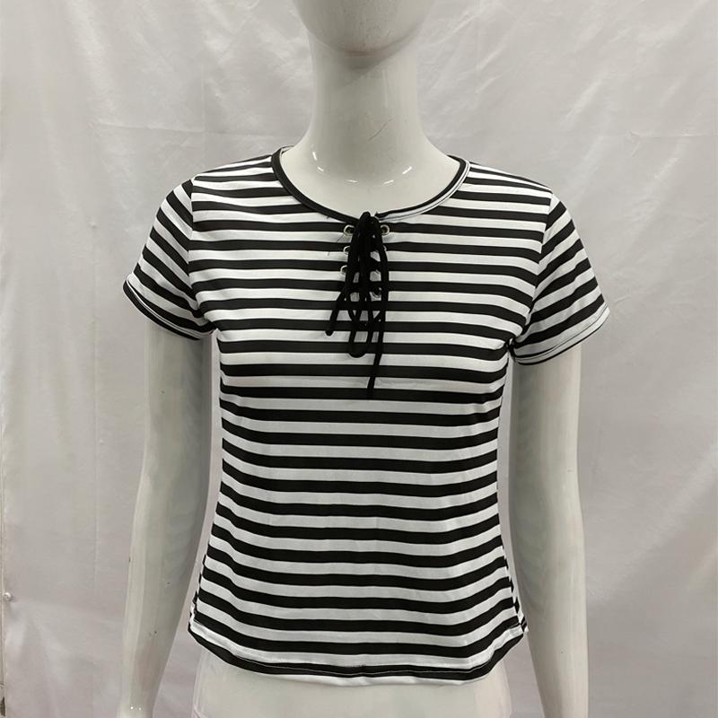 

Summer design striped round neck slim fit trendy short sleeved T-shirt XL