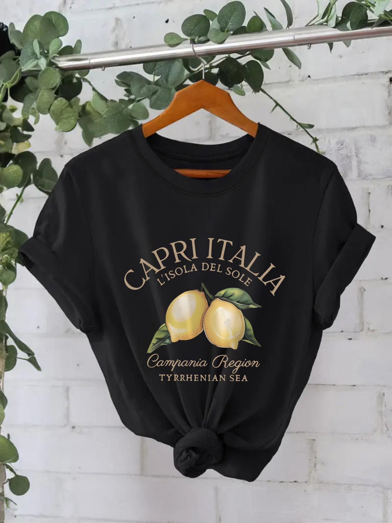 

Женская футболка с короткими рукавами из чистого хлопка с принтом лимона, европейский и американский стиль, круглый вырез, летний дизайн Medium