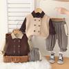 Boys' Spring and Autumn Set, Children's Double Breasted Knitted Vest, Casual Shirt, Striped Pants, 3-Piece Set