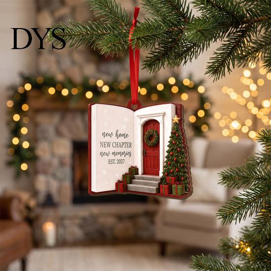 Rustic Hanging Cabin Decor Wooden Christmas House Ornament, 2D Castle Car with Gift Box Set Red String, Tree Pendant, Holiday for Home Indoor Festive