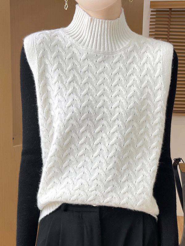 2025 Women's Wool Cable Knit Half-High Collar Sleeveless Sweater Vest