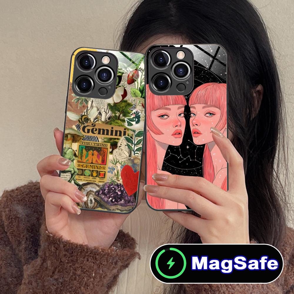 Zodiac Sign Gemini Mobile Phone Case for iPhone 17 16 15 14 13 12 11 Air Pro Max Plus Mini MagSafe Glass Colorful Cover Pretty