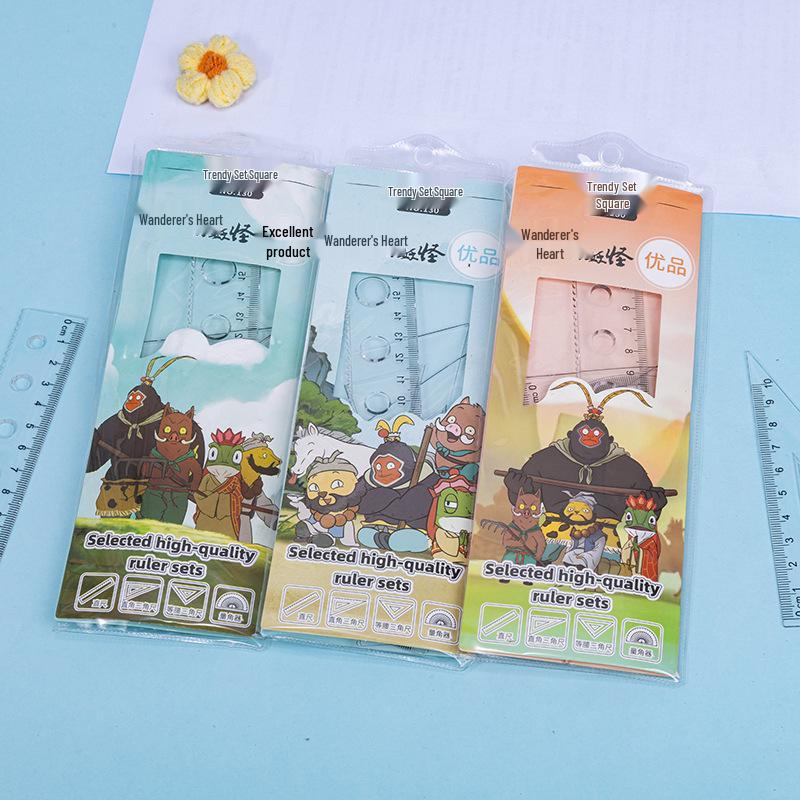 Cute Cartoon Student Ruler Set: Transparent 20cm Straight Ruler, Triangle Ruler, Protractor - 4 Pieces