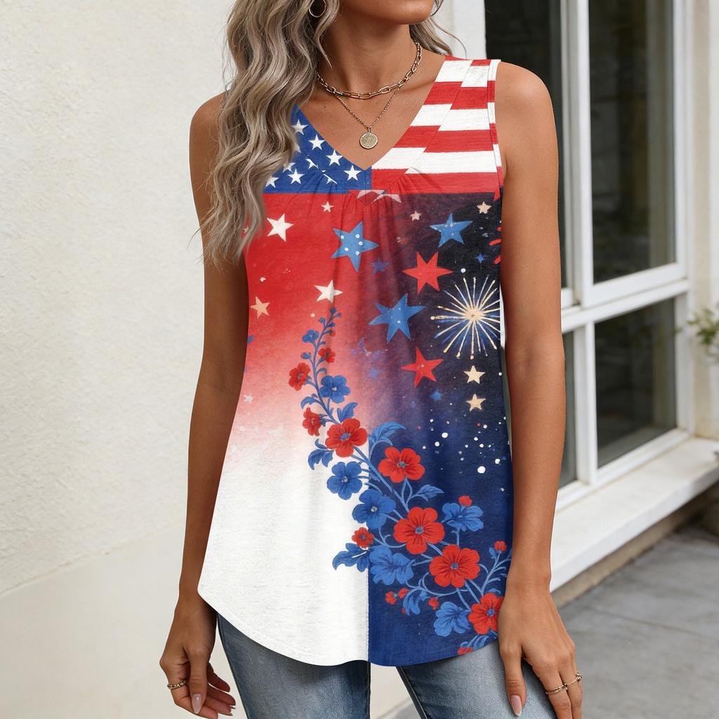 Womens Tank Tops Sleeveless Loose Fit Tops V Neck Pleated Shirts Basic Tees
