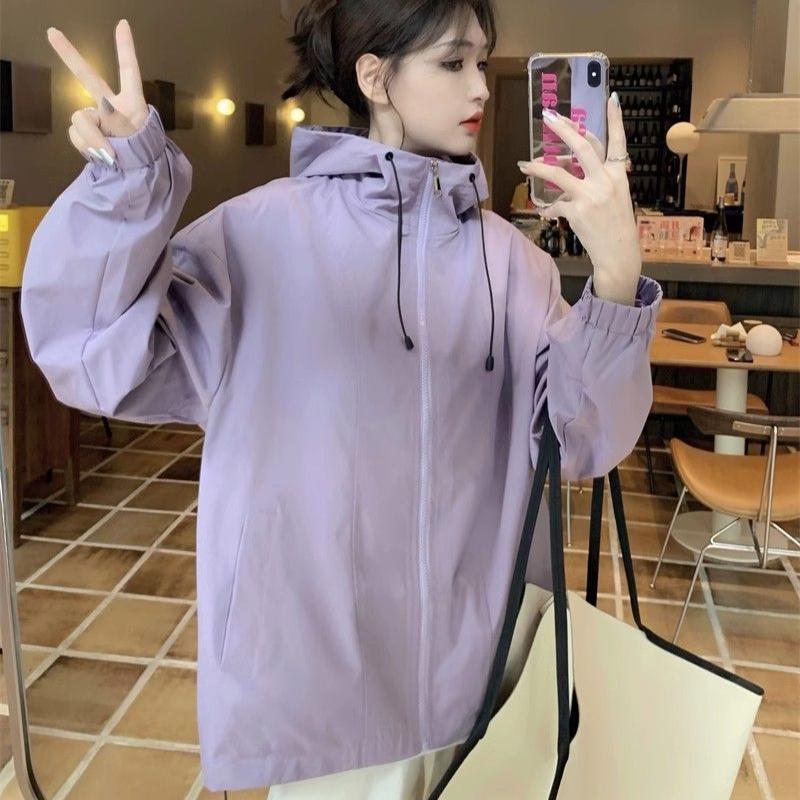 

Модная фиолетовая куртка с капюшоном для женщин на осень в спортивном стиле средней длины со свободным верхом на молнии 2XL