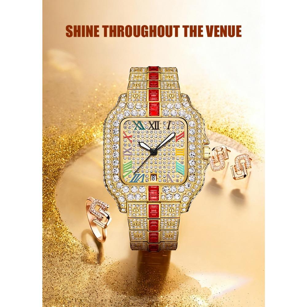 Hip Hop Iced Square Quartz Watch for Men Full Diamond Calendar Luxury Watch