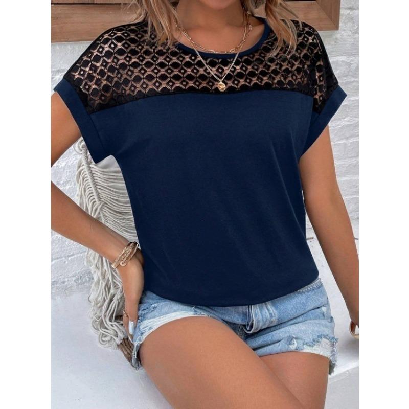 Spring Summer Women's Lace Round Neck Loose Shoulder Short Sleeved Women's T-shirt