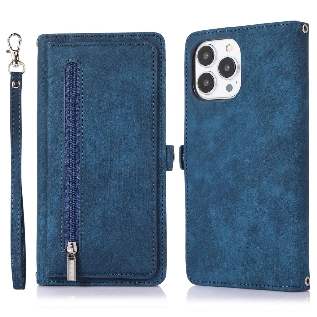 For iPhone 16 Pro Case Zipper Pocket 9 Card Slots PU Leather Phone Cover with Wrist Strap