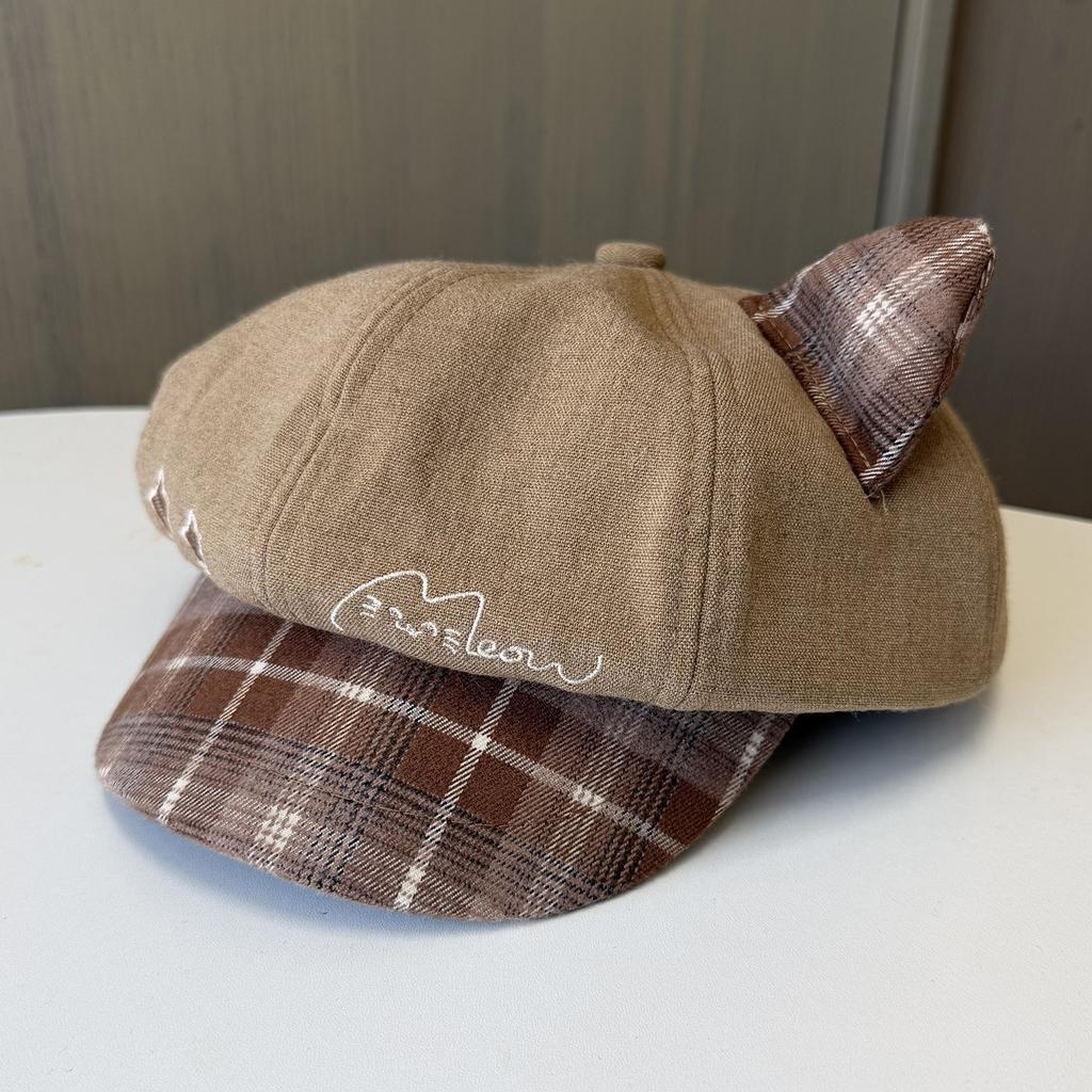 Cartoon Cute Cat Ears Plaid Octagonal Hat Female Autumn Sweet Casual Newsboy Hat Versatile Face Cap