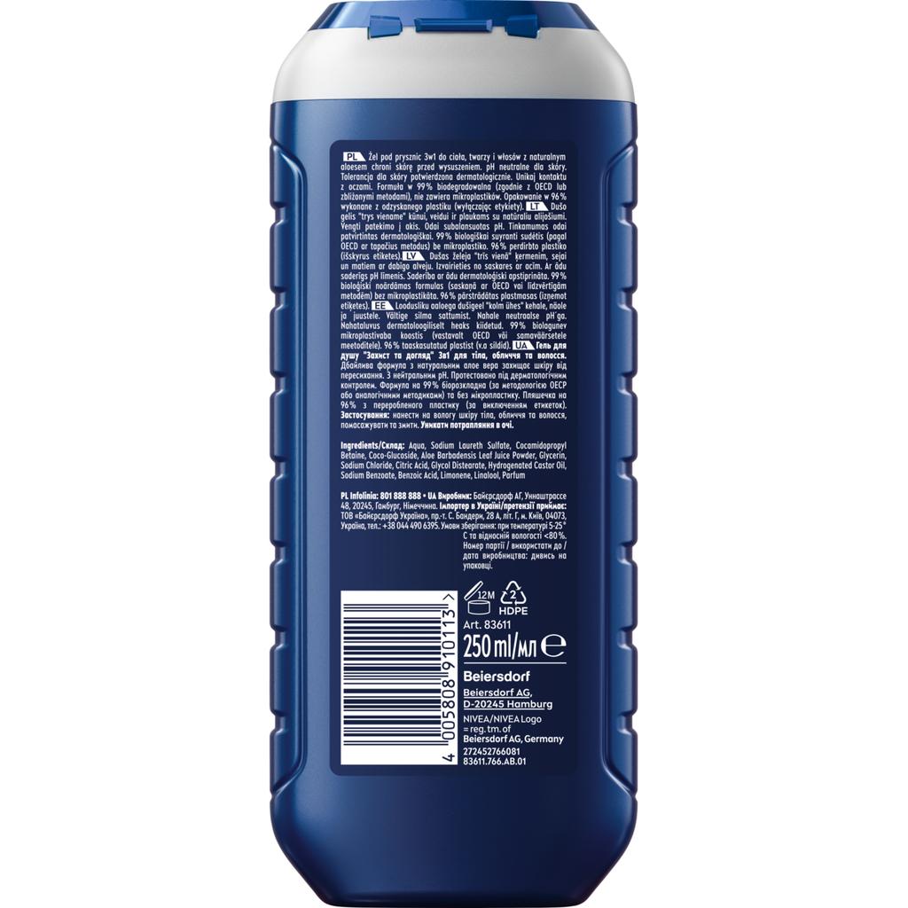 Nivea Men Protect & Care 3W1 Żel Pod Prysznic Męski Do Twarzy, Ciała I Włosów 250 Ml
