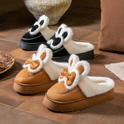 Sapatos de algodão de outono e inverno coelho com laço sola grossa antiderrapante veludo sola grossa fofo sapatos térmicos