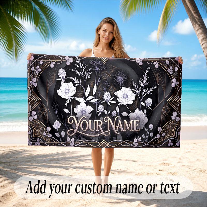 Floral Garden Theme Soft Beach Towel Personalized Custom Name Text Towel Portable for Beach Pool Travel