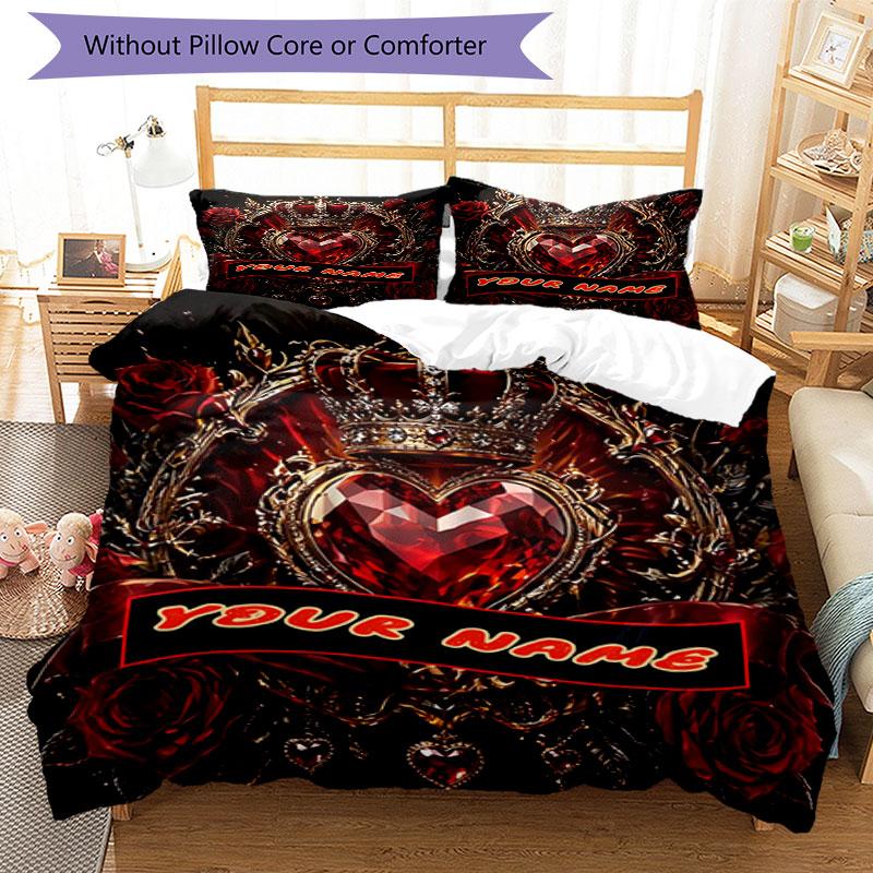 3PC Custom Name Royal Heart Crown Bedding Set Duvet Cover Closure Includes 1 Duvet Cover & 2 Pillowcases for Bedroom