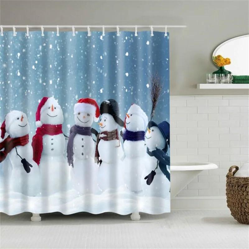 Merry Christmas Shower Curtain Christmas Home Decor Snowman Santa Claus Bathroom Curtain Polyester Fabric Bath Screen with Hooks