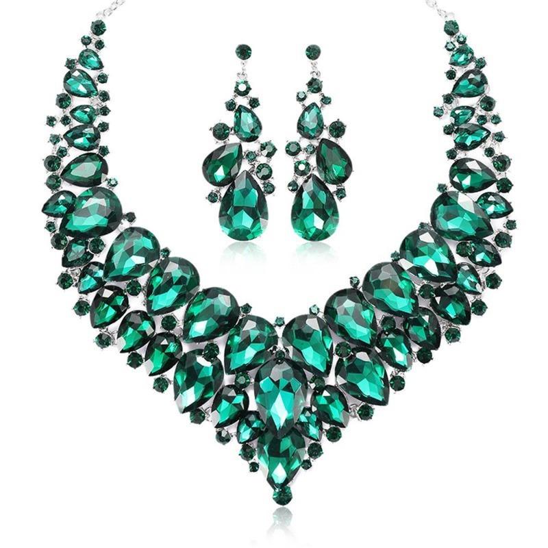 European and American Exaggerated Atmosphere Red Crystal Necklace Earrings Set, Bridal Wedding Alloy Jewelry Women's Accessories