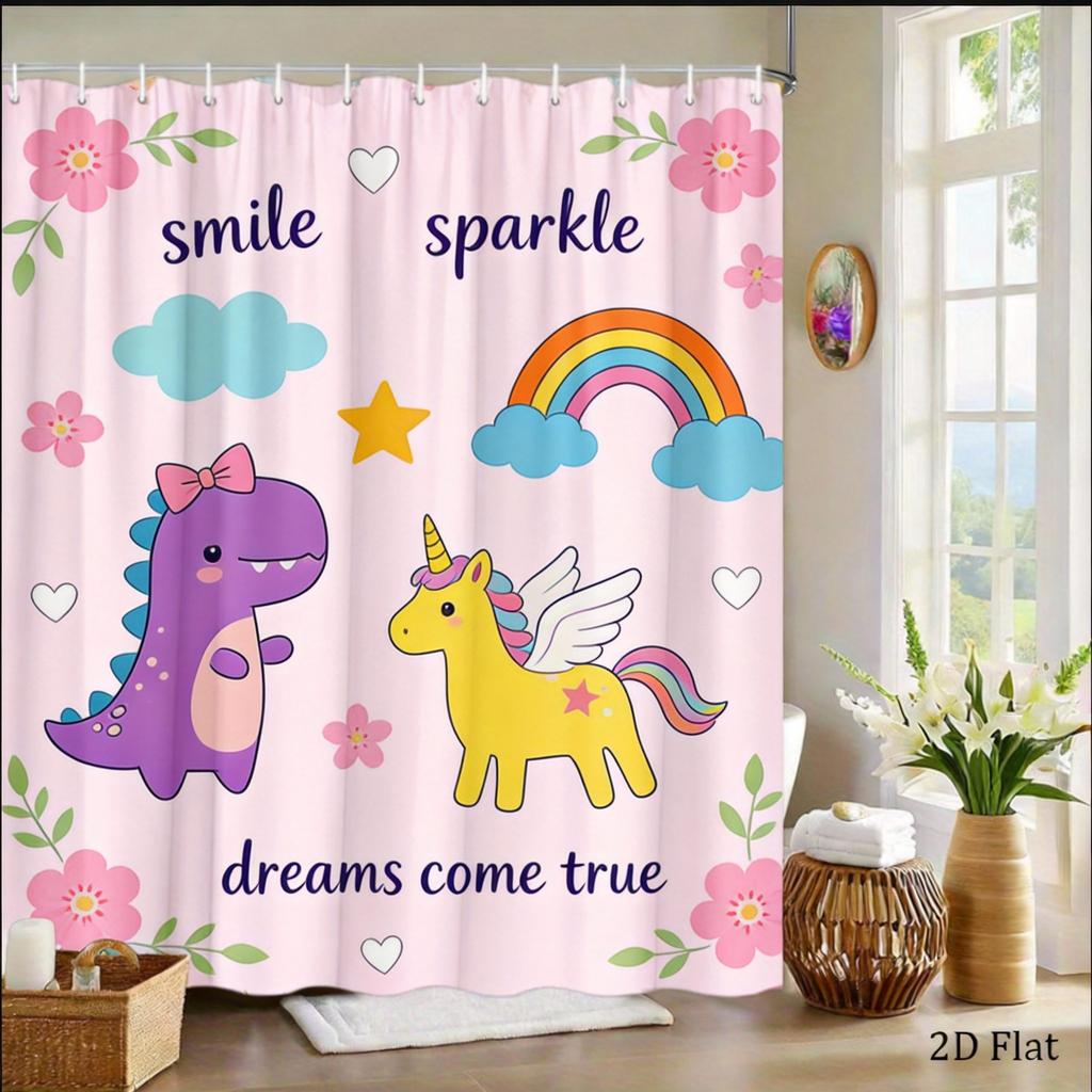 Kids Fantasy Shower Curtain 1pc Dinosaur, Unicorn & Rainbow Pattern, Playful Bath Curtain for Children's Room and Nursery Decor