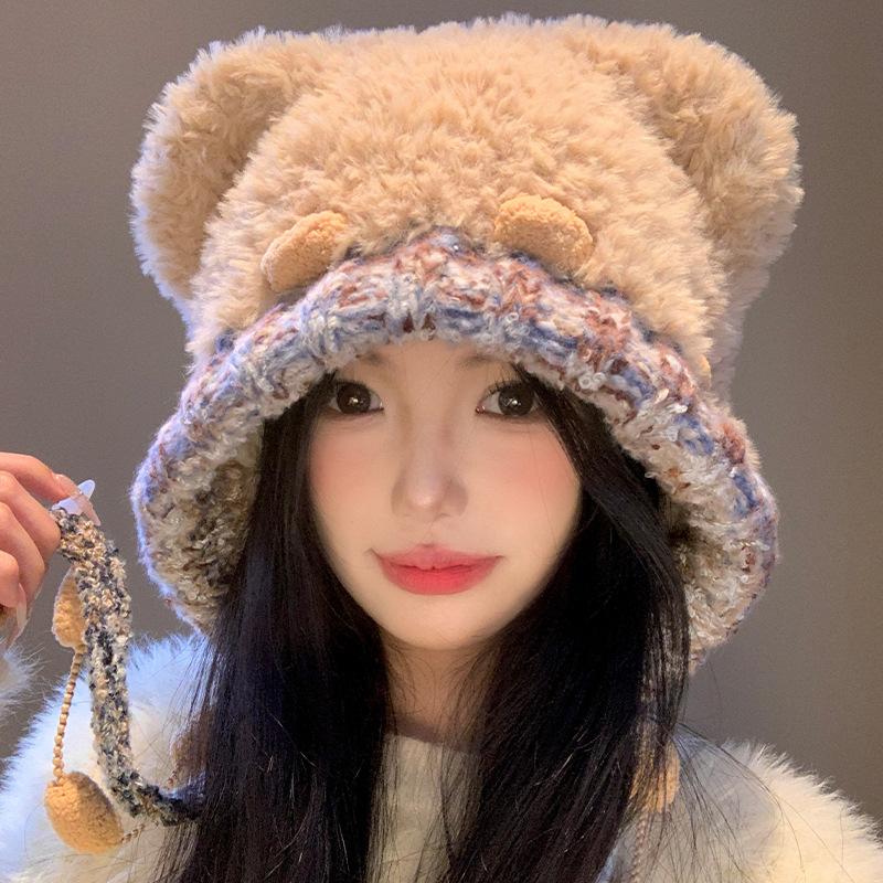 Koreanische Version Niedliche Teddybärenohren Plüsch Strickmütze Kinder Zum Warmhalten Schützen Ihre Lei Feng Looks Klein Vielseitig