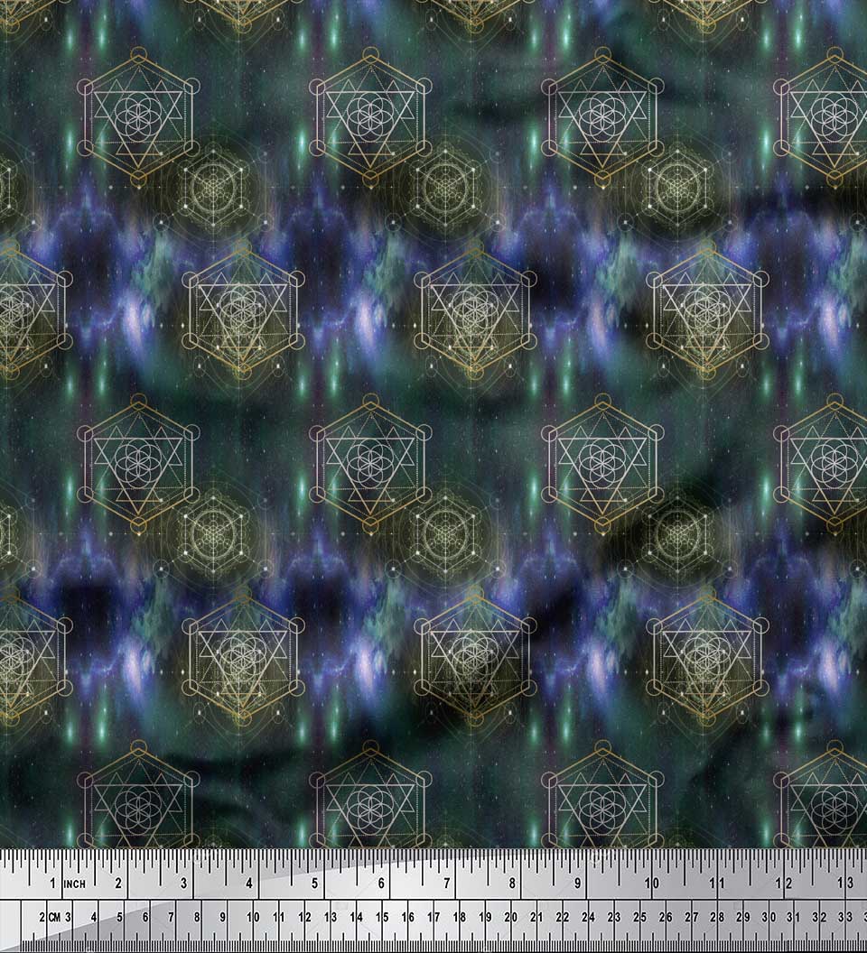 

Soimoi Purple Poly Crepe Fabric Scared Geometric Galaxy Fabric Prints на метр 42 дюйма 42 Inch Wide - Poly Crepe зелений