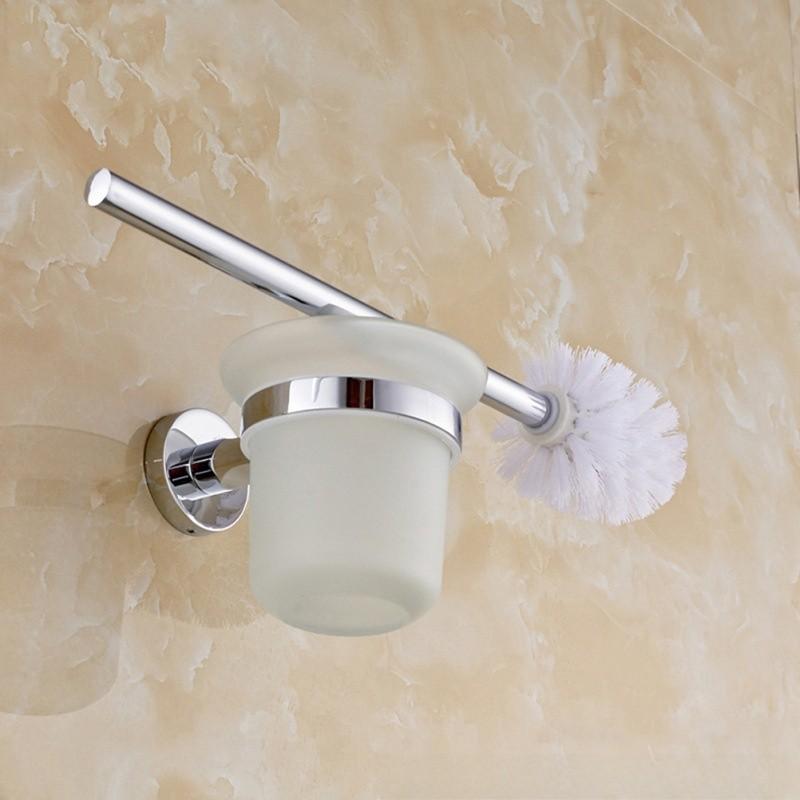 Chrome Wall Round Mounted Toilet Brush And Frosted Glass Holder For Bathroom Use