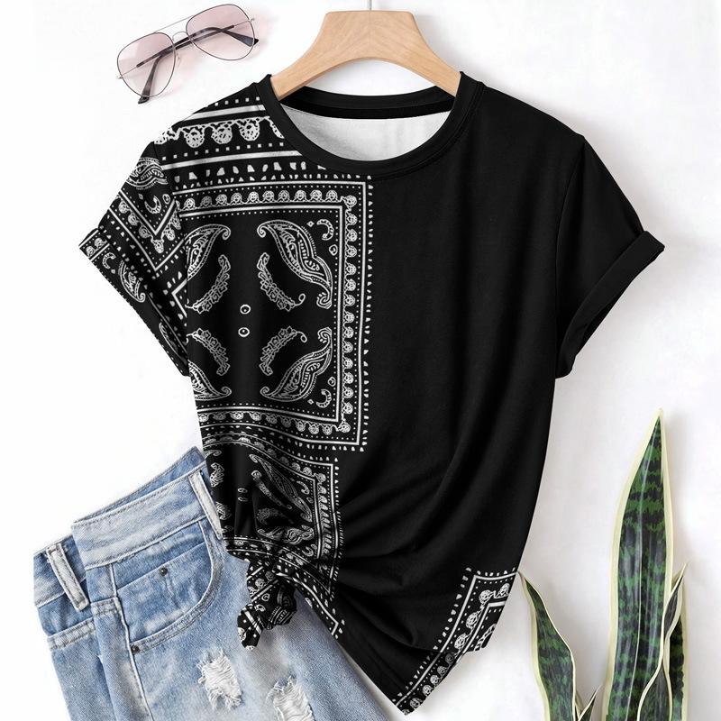 Summer Round Neck Short Sleeved Women's T-shirt with 3D Element Pattern Loose Breathable Lightweight Fabric Shirt