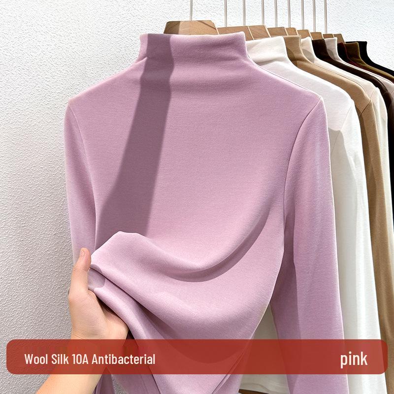 Silk Half-High Collar Women's Base Layer: 2025 Autumn/Winter Velvet Lambswool Warm T-shirt.