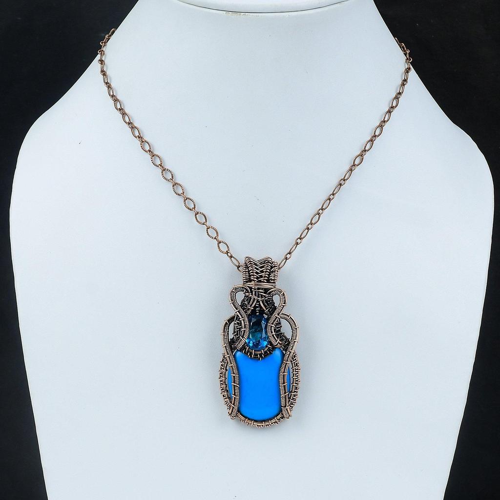 Sleeping Beauty Turquoise Pendant Copper Wire Wrapped Pendant Swiss Blue Topaz Pendant Handmade Copper Jewelry Gemstone Pendant Gift For Him