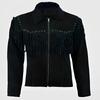 NOORA Mens Suede Black Cowboy Western Leather Jacket With Fringe Tassels