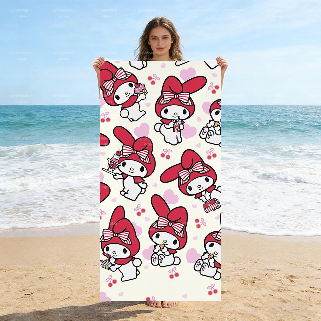 My Melody Kawaii Beach Towel, Sanrio Cartoon Print Quick Dry Bath Towel for Kids Adults, Cute Cherry Heart Beach Blanket