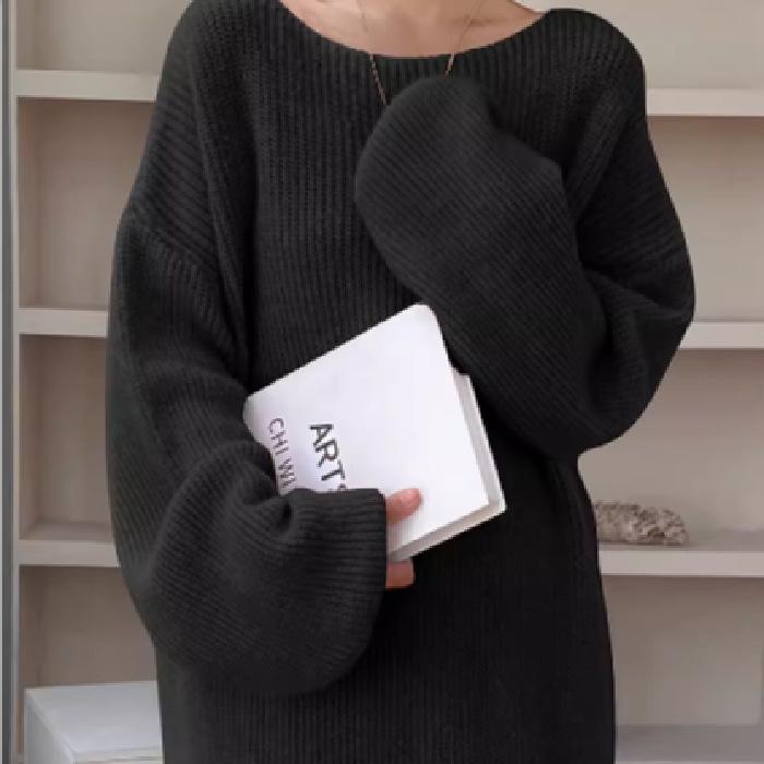 Elegant Knitted Mid-Length Dress for Women - Autumn/Winter Style, Knee-Length, Loose Sweater Design.