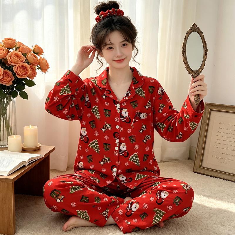 Natal year pajamas women's spring and autumn new imitation cotton long-sleeved red cute cartoon loungewear two-piece set