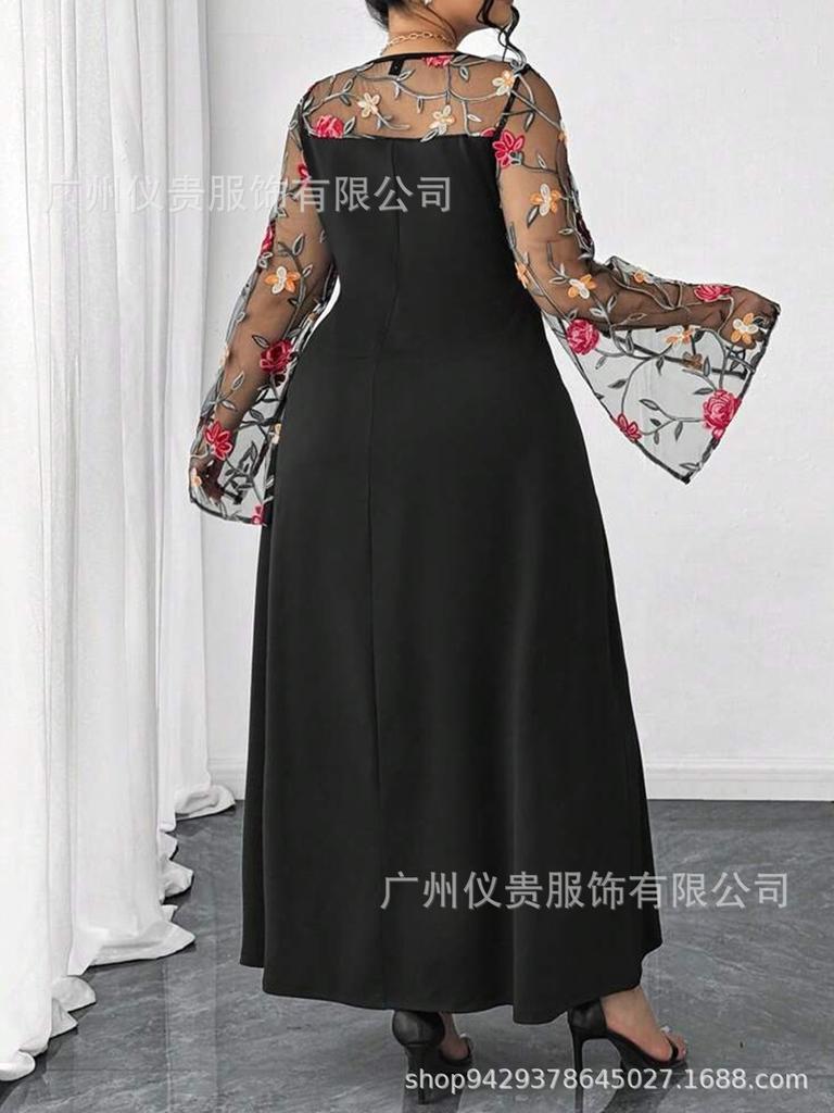 European Plus Size Elegant Mesh Print Summer Square Neck Holiday Maxi Dress