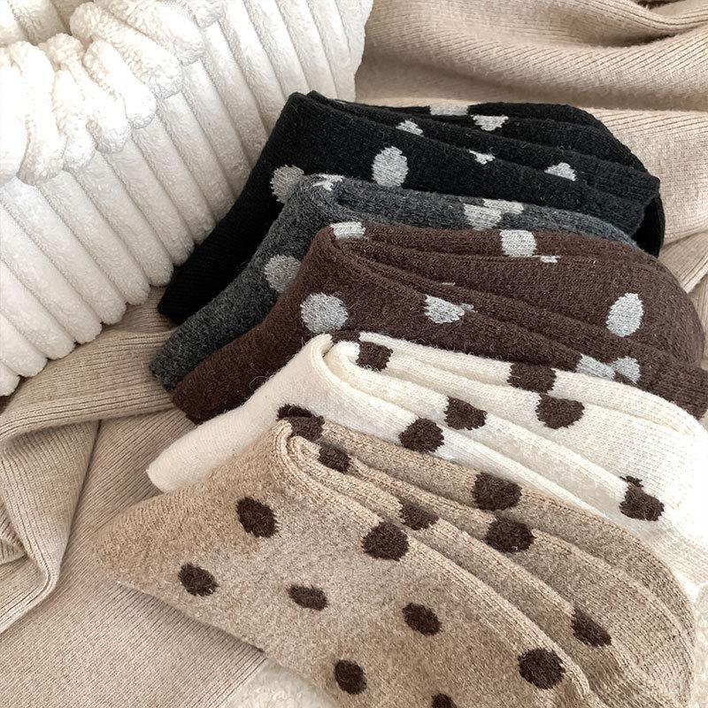 Socks Thickened Warm And Versatile Polka Dot Black Wool Maillard Coffee Color Mid-Leg Socks