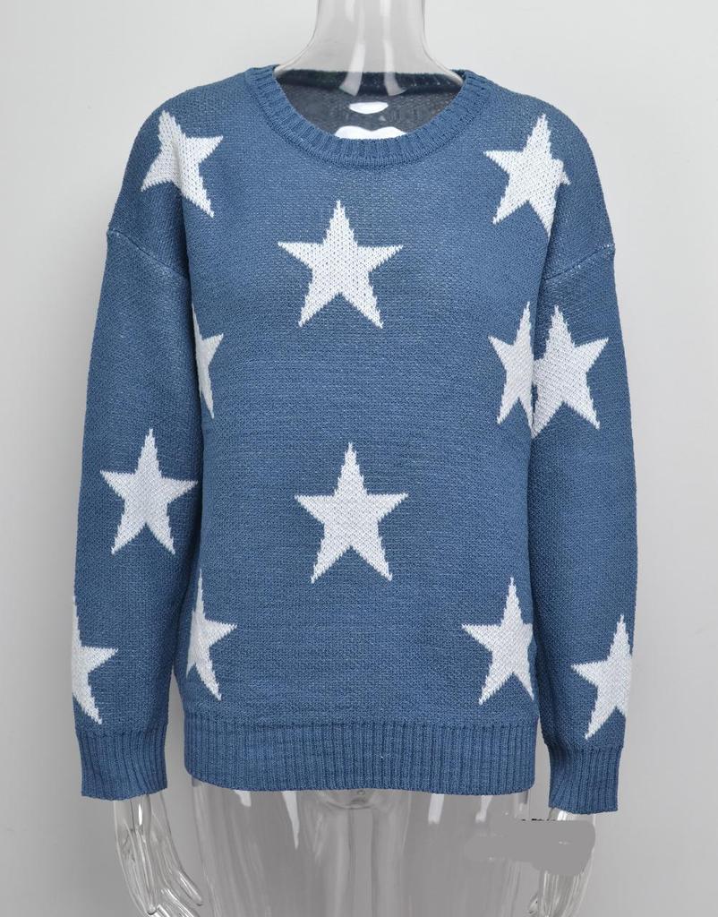 Autumn and Winter Pullover Temperament Commuter Elegant Round Neck Large Size Five-pointed Star Knitted Sweater Comfortable Women's Clothing