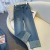 2025 Woodpecker Women's Narrow Leg Cropped Cigarette Jeans with Rolled Hem and Turn-Up Design